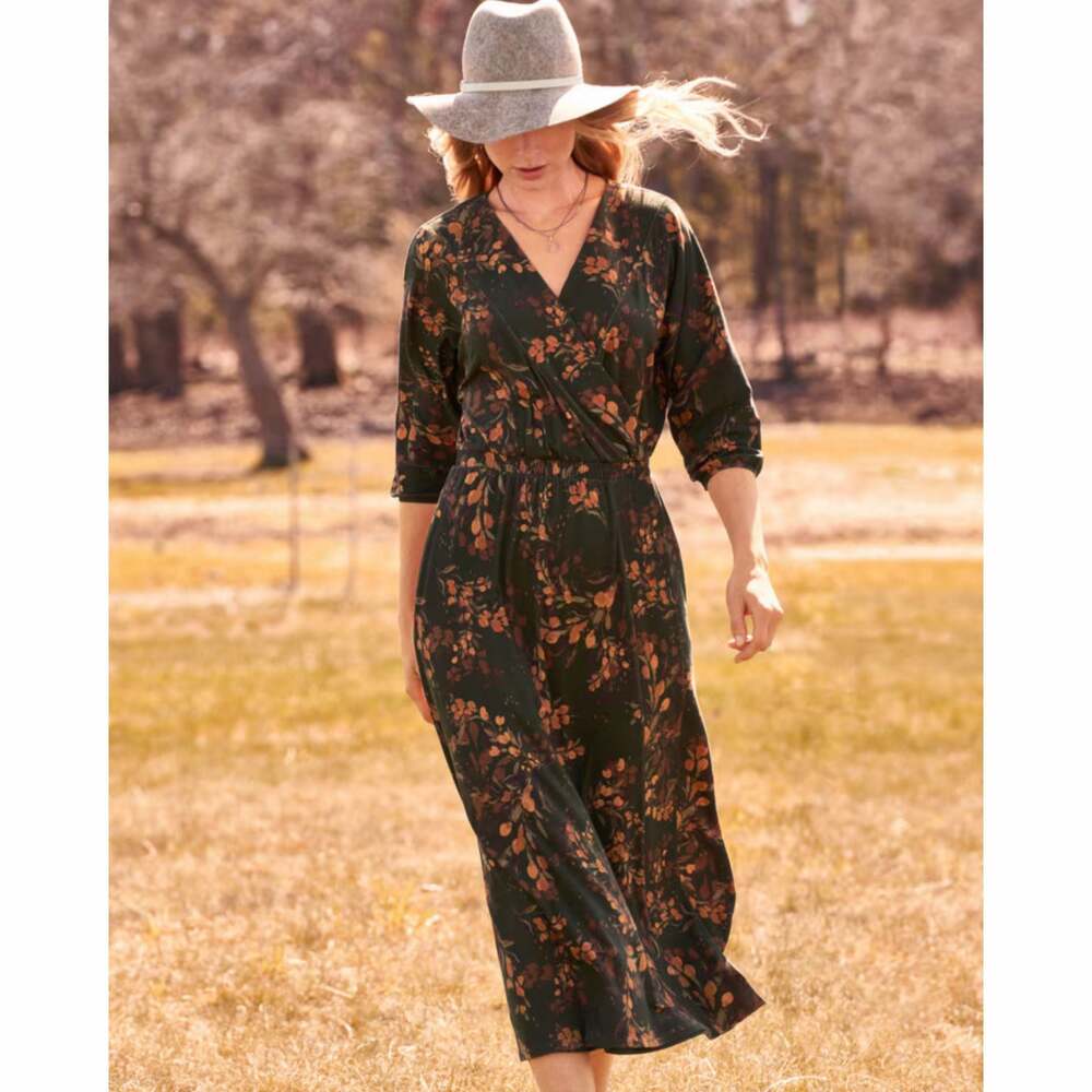 Garnet Hill Floral Batwing Wrap-Detail Knit Midi Dress M